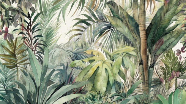 Een schilderij van tropische planten en bomen generatieve AI