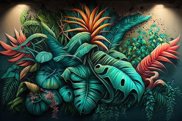 Een schilderij van tropische planten met de woorden "tropical" op de bodem.