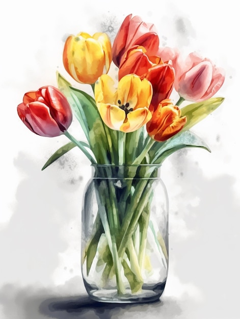 Een schilderij van tulpen in een glazen vaas