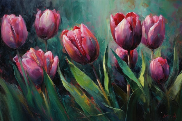 Een schilderij van tulpen in groen en blauw