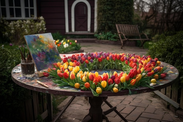 Een schilderij van tulpen staat op een tafel in een tuin.