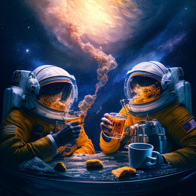 Een schilderij van twee astronauten met een beker bier in hun handen.