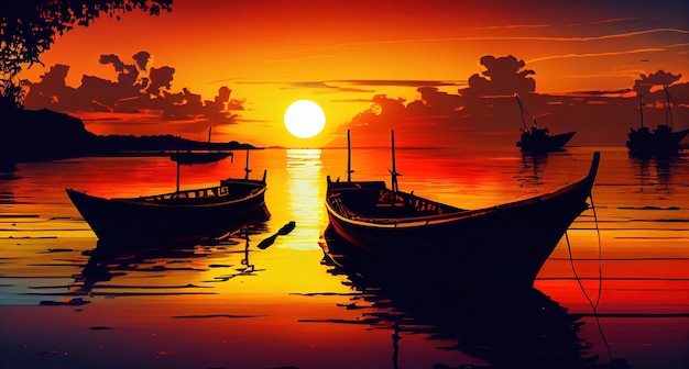 Een schilderij van twee boten in het water bij zonsondergang generatieve AI