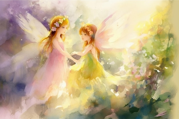 Een schilderij van twee feeën met bloemen op hun vleugels