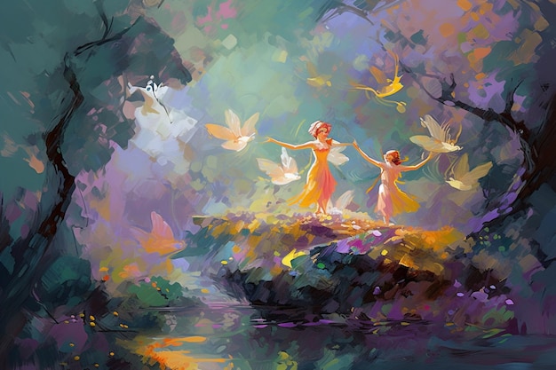 Een schilderij van twee feeën met het woord "fee" aan de linkerkant.