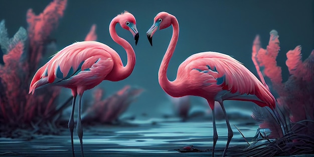 Een schilderij van twee flamingo's in een vijver