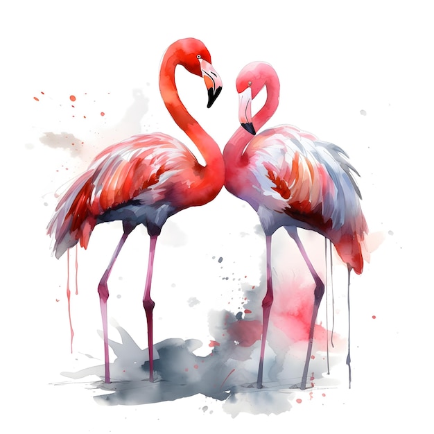 Een schilderij van twee flamingo's met rode veren en blauwe veren.