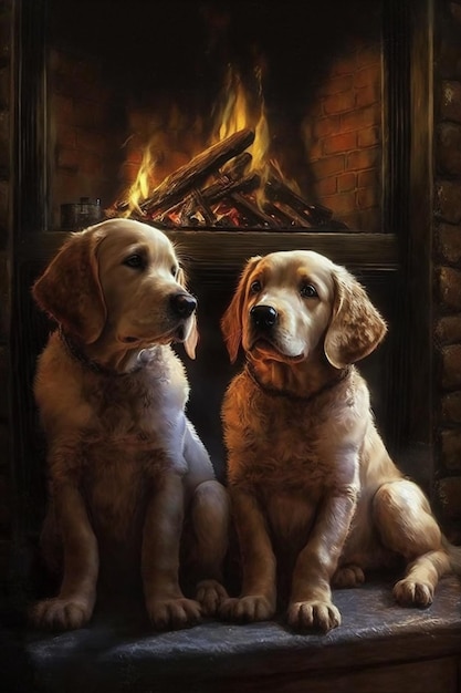 Een schilderij van twee honden bij een open haard met de woorden "golden retriever" op de voorkant.