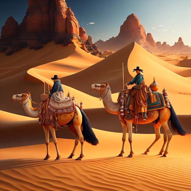 Een schilderij van twee kamelen met een man en een vrouw erop.