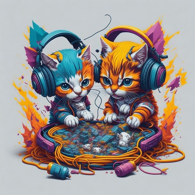 Een schilderij van twee katten met een koptelefoon op