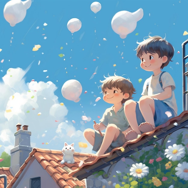 een schilderij van twee kinderen die op een dak zitten met ballonnen en een kat die naar ze kijkt.