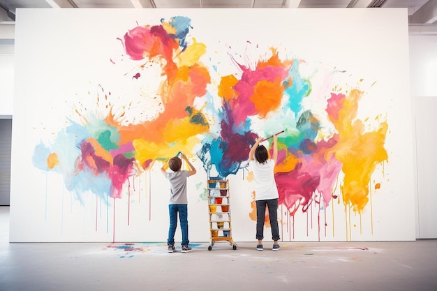 een schilderij van twee kinderen voor een grote kleurrijke muur met de woorden " kunst " erop.