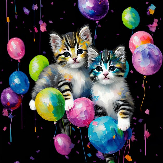 Een schilderij van twee kittens met ballonnen op de achtergrond.