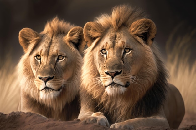 Een schilderij van twee leeuwen op een rots