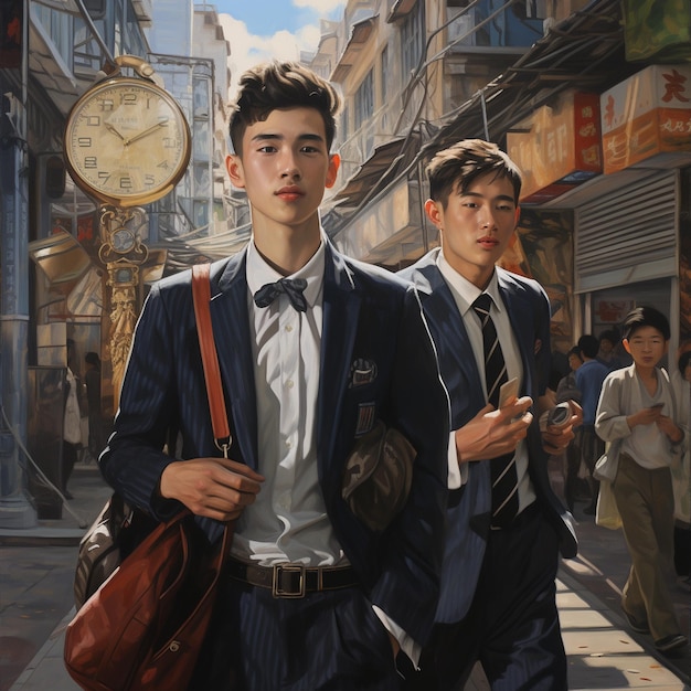 een schilderij van twee mannen die door een straat lopen met een klok op de achtergrond.