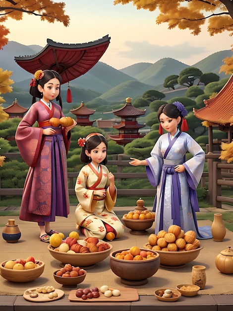 Een schilderij van twee meisjes en een meisje dat fruit verkoopt chuseok 2023 chuseok viering AI GENERATED