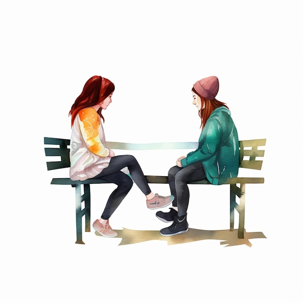 Een schilderij van twee meisjes zittend op een bankje