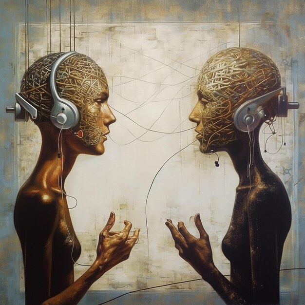 Een schilderij van twee mensen met een koptelefoon erop