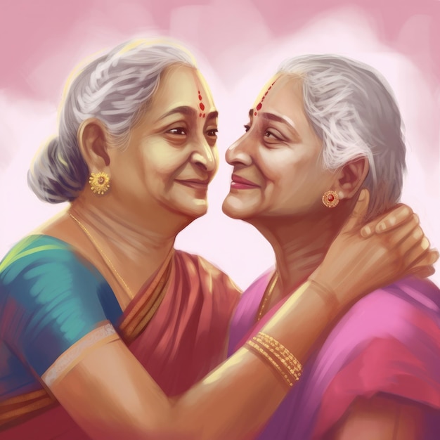 Een schilderij van twee oudere vrouwen die elkaar omhelzen.