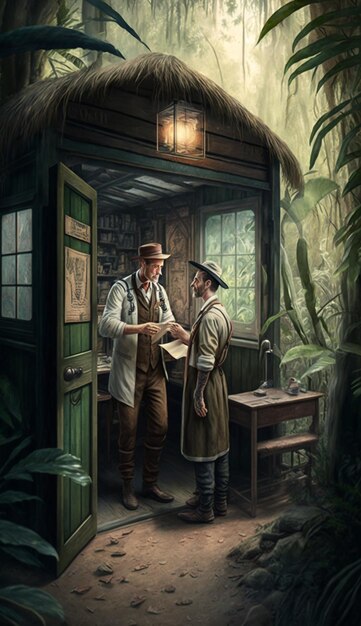 Een schilderij van twee pratende mannen in een deuropening.
