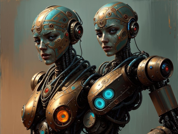 Een schilderij van twee robots met op de voorkant het woord robot.