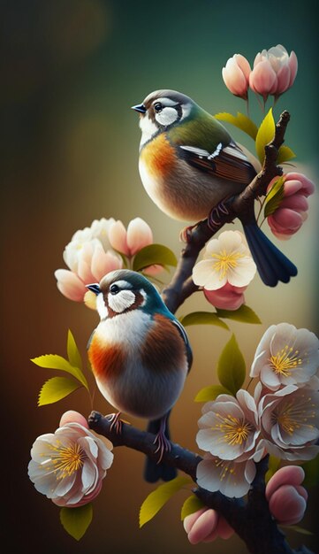 Een schilderij van twee vogels op een tak met bloemen.