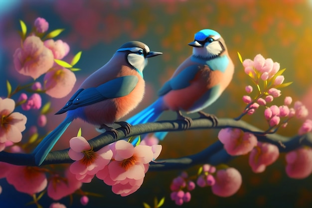 Een schilderij van twee vogels op een tak met roze bloemen.