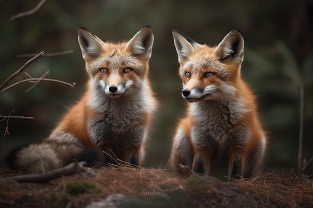 Een schilderij van twee vossen in een bos