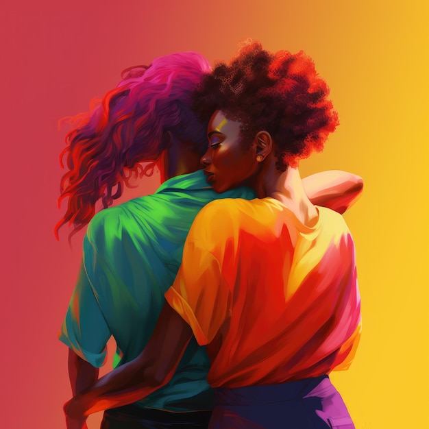 Een schilderij van twee vrouwen die elkaar omhelzen.