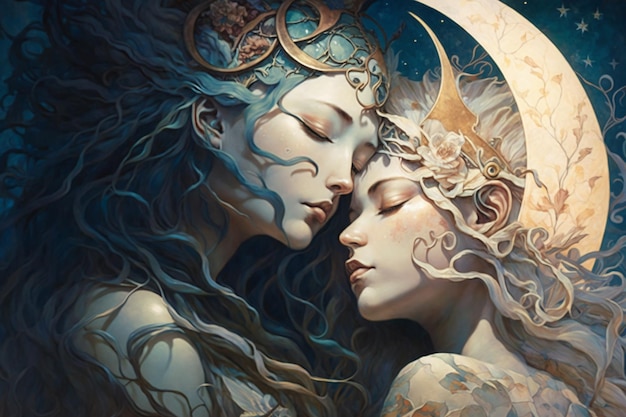Een schilderij van twee vrouwen, waarvan één getiteld 'moon'
