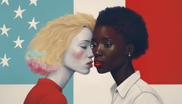Een schilderij van twee vrouwen, waarvan er één is getiteld 'liefde is'