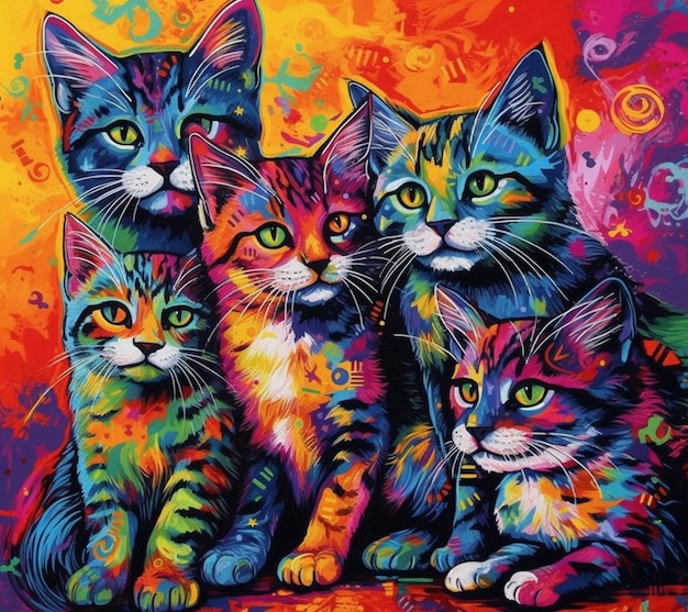 Een schilderij van vier katten met gele, oranje en blauwe ogen.