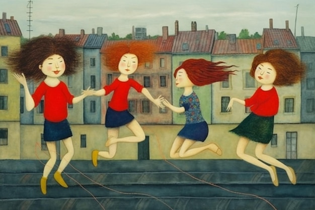 Een schilderij van vier meisjes die op een brug springen met de woorden "het woord" op de bodem.