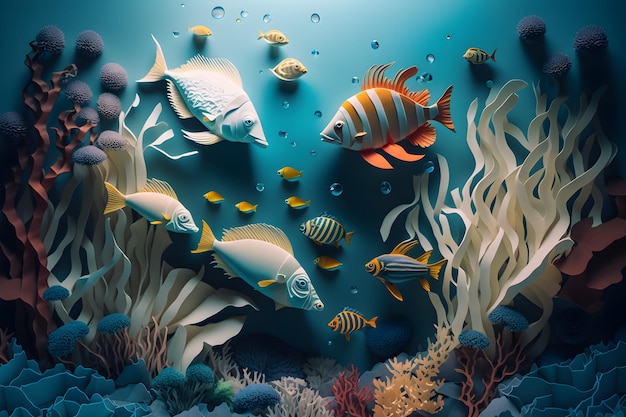 Een schilderij van vissen en koralen met een blauwe achtergrond.