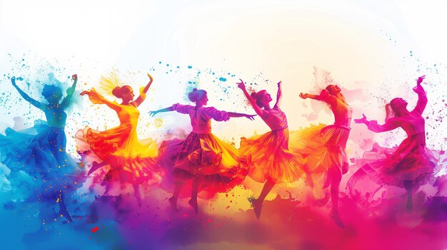 een schilderij van vrouwen die met kleurrijke kleuren dansen om de Internationale Dag van de Dans te vieren