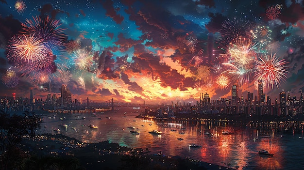 een schilderij van vuurwerk van het nieuwe jaar