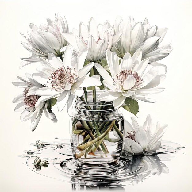 een schilderij van witte bloemen in een glazen pot