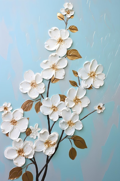 een schilderij van witte bloemen op een blauwe achtergrond Gouache schilderij van een muntkleurige bloem Perfect