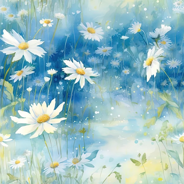 een schilderij van witte madeliefjes in een blauw veld