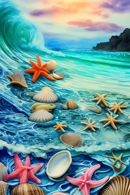 Een schilderij van zeesterren en schelpen op het strand.