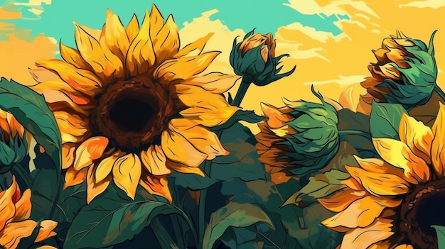 Een schilderij van zonnebloemen met de zonnebloemen op de achtergrond.