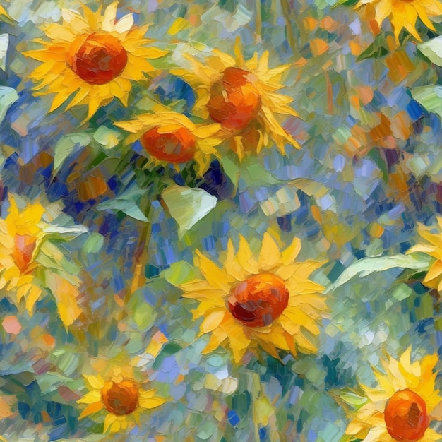 Foto een schilderij van zonnebloemen met links een rode bloem.