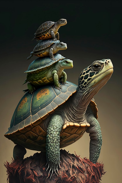Een schildpad die bovenop een schildpad zit bovenop een andere schildpad