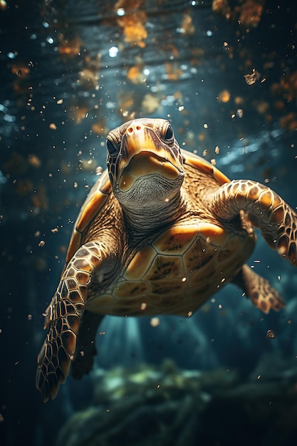 Een schildpad die in de oceaan drijft Onderwater dieren in het wild met dieren dichtbij AI Generative