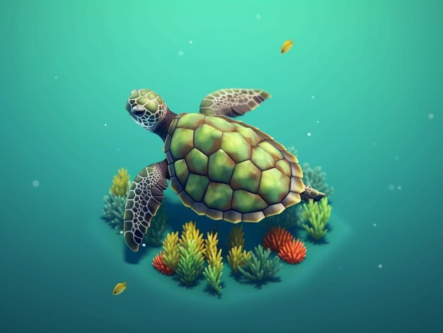 Een schildpad die in de oceaan zwemt met een groene oceaan in het isometrische kunst van de zee