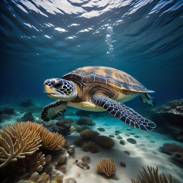 Een schildpad die in de oceaan zwemt met een schildpad die achter hem zwemt.