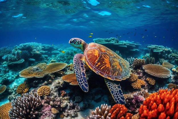 Een schildpad die in de oceaan zwemt met koralen en vissen op de achtergrond.