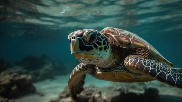 Een schildpad die in de oceaan zwemt