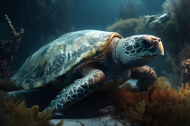 Een schildpad die in de oceaan zwemt