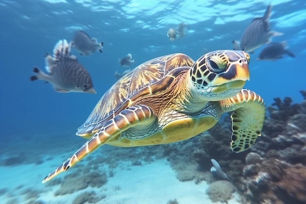 een schildpad die met veel vis in de oceaan zwemt